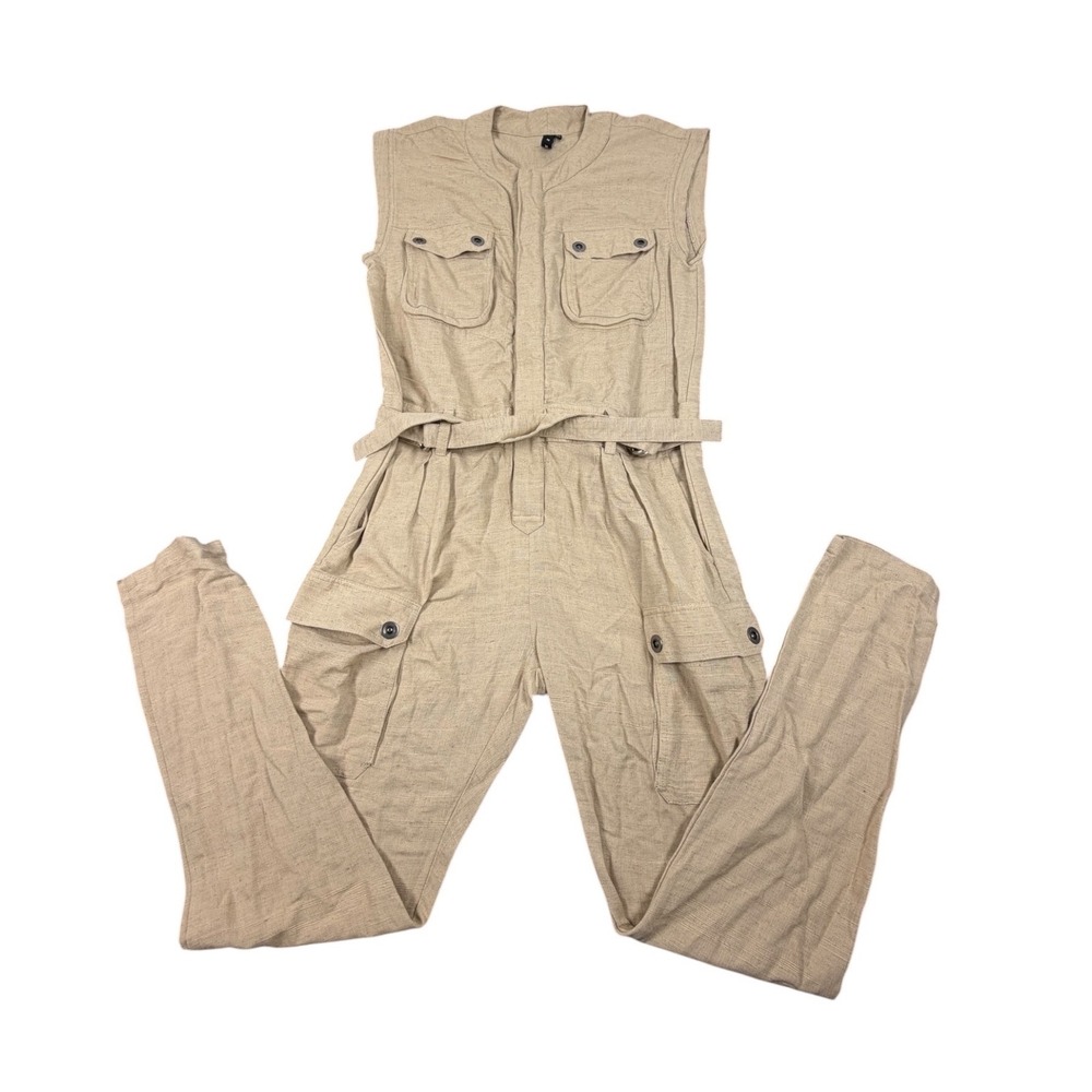 Jonny Cota Women Jumpsuit Sleeveless Utility Belted Linen Tan Size XS $425 MSRP